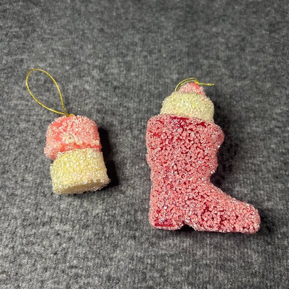 Vintage Jewelbrite Sugar Coated Boot Candy Ornaments Neon Pink Red Whit Lot of 2 - Picture 1 of 6